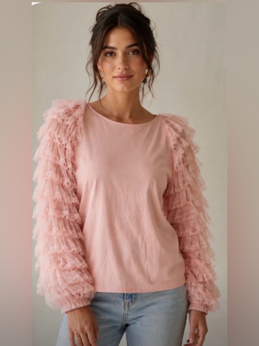 Anthropologie Eva Franco Pink‎ Ruffled tulle Sleeve Bow Peplum Top size 6